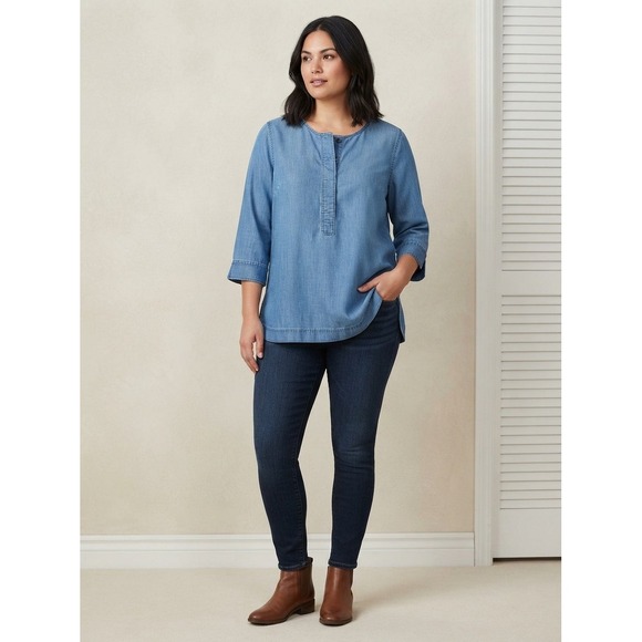 Martha Stewart Tops - Martha Stewart Denim Tunic Top Women M Chambray Button Placket Minimalist Preppy